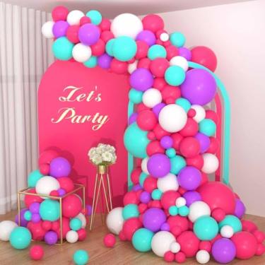 Imagem de Kit de arco de balão rosa choque, azul, roxo, branco, balões roxos, azul-petróleo, rosa, vermelho, branco, balões para festa de aniversário, chá de bebê, formatura, decorações de casamento