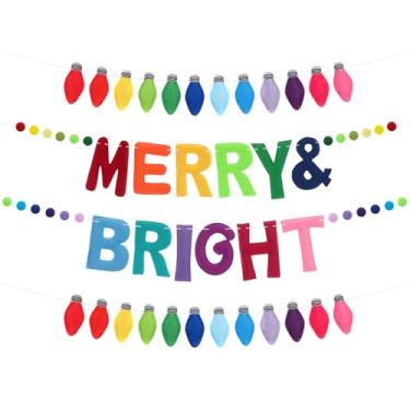Imagem de Breling 3 peças de guirlanda de feltro de Natal grande conjunto 3D 1 faixa de bola de feltro alegre e brilhante e 2 faixas coloridas em forma de lâmpada para árvore de Natal, casa, cornija, festa