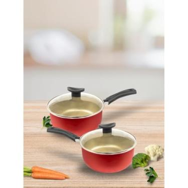 Imagem de Conjunto de Panelas Antiaderentes Teflon 16 e 18 com Tampa de Vidro Panelas Duráveis para Cozinha (Cereja com creme)