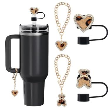Imagem de Orehymbe Conjunto de acessórios de leopardo compatível com copo Stanley de 850 g 1,134 g com alça, incluindo 2 tampas reutilizáveis de cobertura de palha de 10 mm e 2 peças de pingentes de corrente