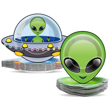 Imagem de 48 peças de pratos de papel de OVNI alienígena, decorações de festa alienígena, descartáveis, UFO, nave espacial alienígena, pratos de sobremesa para aniversário, chá de bebê, jardim, celebrações