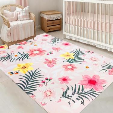 Imagem de USTIDE Tapete de área de flor rosa 10 x 15 cm lavável à máquina tapete floral para quarto de meninas tapete antiderrapante para crianças tapete rosa para sala de estar, berçário