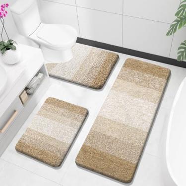Imagem de OLANLY Conjuntos de tapetes de banheiro de 3 peças, tapetes de banho de microfibra macia absorvente e tapete de banheiro em forma de U, conjunto de tapete de banho felpudo de pelúcia para banheiro