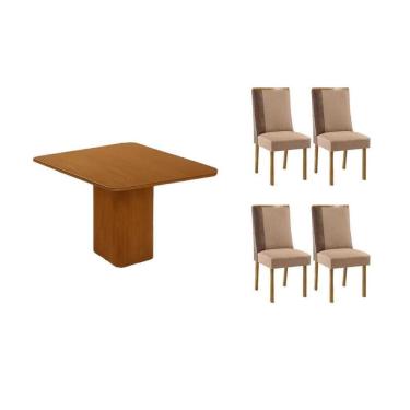 Imagem de Sala Jantar Mesa Maldivas Tampo Curvo 90cm+4 Cadeiras Tilia Madeira Naturale - Capuccino/Linho Capuccino - Rufato