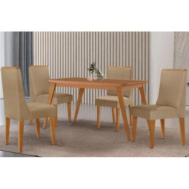 Imagem de Sala Jantar Mesa Havana Tampo Curvo 120cm+4 Cadeiras Dakota Madeira Naturale - Capuccino/Linho Bege - Rufato