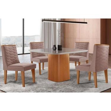 Imagem de Sala Jantar Mesa Maldivas Tampo c/ Vidro Curvo 90cm+4 Cadeiras Dafne Madeira Naturale/Off White - Capuccino/Linho Capuccino - Rufato