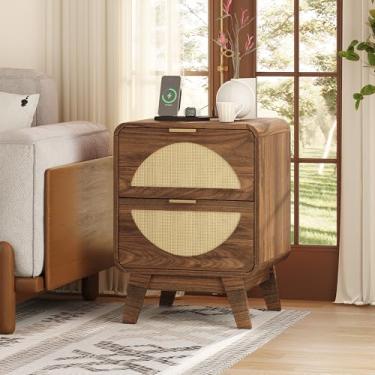 Imagem de Maupvit Mesa de cabeceira com estação de carregamento, mesa ao lado moderna de meados do século com 2 gavetas, mesa de canto boho de vime com armazenamento, suporte noturno de madeira marrom escuro