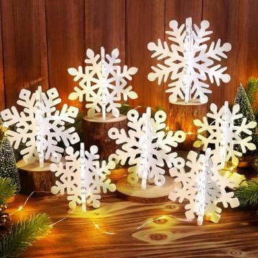 Imagem de 15 peças de centro de mesa de floco de neve branco – 7 conjuntos de placas de mesa de flocos de neve de madeira 3D e luz de 3 metros, decorações brancas grandes de floco de neve para o país das