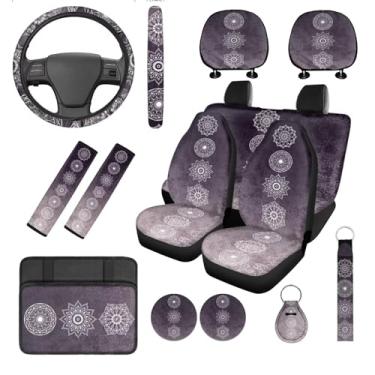 Imagem de Hudotybom 14 peças de capas de assento de carro mandala cinza conjunto completo com capa de volante automotivo capas de cinto de segurança boho console central almofadas de suporte de copo com