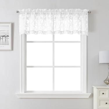 Imagem de Lecloud Leia White Sheer Valances para Windows 40,6 cm de comprimento, 2 peças, cortinas de cozinha curtas texturizadas de folha jacquard sobre a pia, cortinas de café com bolso duplo para banheiro