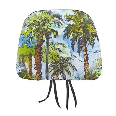 Imagem de Esboço desenhado à mão sem costura palmeiras tropicais verdes céu azul 2 peças capas protetoras de encosto de cabeça para assento de carro universal, capa macia para encosto de cabeça de carro