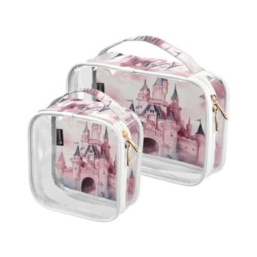 Imagem de GAIGEO Conjunto de bolsas de cosméticos transparentes aquarela melancias, conjunto de bolsas de viagem para maquiagem, acessórios de viagem, 2 unidades, Castelo dos sonhos rosa aquarela, one size