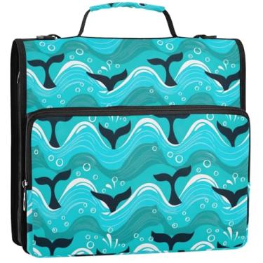 Imagem de Organizador de fichário com zíper Whale Tails com 3 argolas de 3,88 cm, bolsa escolar com alça de ombro, vários bolsos, pasta grande, 34,5 x 31,5 x 9 cm