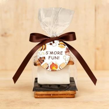Imagem de FYSUIMU 100 unidades de sacos de celofane com fita S'more etiquetas divertidas para presente saco de presente com tema de acampamento sacos de doces de plástico para lembrancinhas de festa de fim de