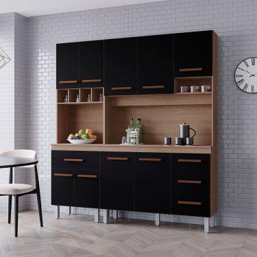 Imagem de Kit Zínia Com Paneleiro 9 Portas 4 Gavetas Cozinha Mb1 180cm Cor Savana Preto