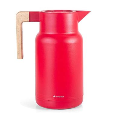 Imagem de TERMOPRO Garrafa Termica 1 Litro Vermelha Wood Fashion Bule para Cafe Cha Suco com Ampola de Vidro Design Elegante Tampa Vedada e Cabo com Acabamento em Madeira