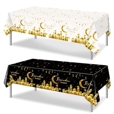 Imagem de PHOGARY Ramadan Decorações 2 peças Ramadan Kareem toalha de mesa, toalhas de mesa de Ramadã retangulares descartáveis de plástico Eid Mubarak para decorações de festa Eid Al-fitr 137 cm x 108 cm,