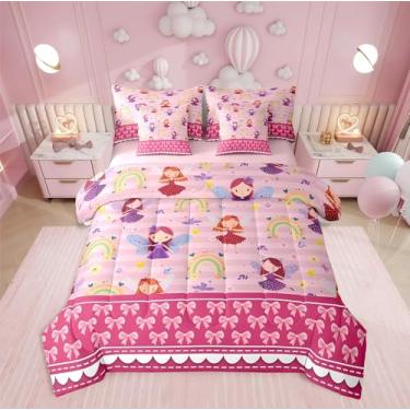 Imagem de Erosebridal Conjunto de edredom infantil de princesa mágica, 7 peças, cama queen em uma bolsa, conjunto de cama para meninas arco-íris, conjunto de lençol com laço rosa sonhador, lençol com laço fofo,