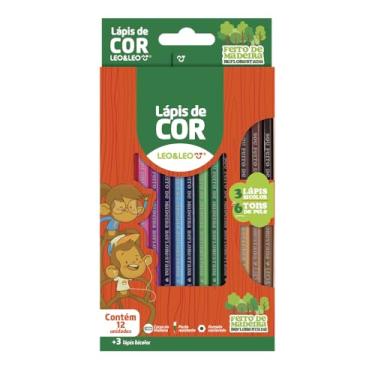 Imagem de LÁPIS DE COR DE MADEIRA 12 CORES + 3 BICOLORS TONS DE PELE SEXTAVADO LEO&LEO