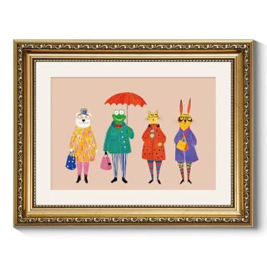 Imagem de ARPEOTCY Decoração de parede vintage emoldurada em ouro, impressão de animais da moda em movimento para decoração de casa de quarto de entrada, 28 x 35 cm