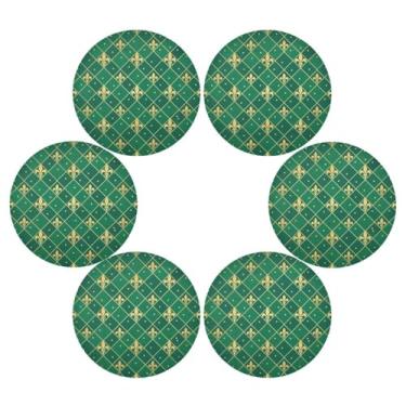 Imagem de Wassud Jogo americano conjunto de 6 tapetes de mesa redondos de flor de lis de diamante verde para cozinha e jantar tapetes laváveis resistentes ao calor decoração de mesa 39 cm