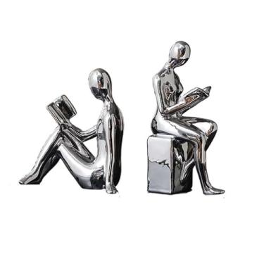 Imagem de Moderno, 1 conjunto/2 peças, suporte de prateleira de bloco de cerâmica, suporte para livros, mesa, decoração de sala de estudo, prateleiras de escultura (prata)