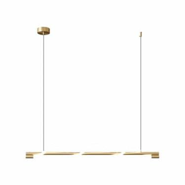 Imagem de Luminária pendente LED com controle remoto, dimerizável, ideal para cozinha, sala de jantar, escritório ou bar. Design linear com altura ajustável (dourada).