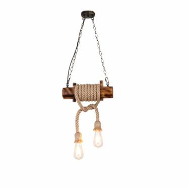 Imagem de Luminária pendente retrô de bambu E27 com 2 lâmpadas, estilo lustre, ideal para cozinha, ilha de cozinha, mesa de jantar, estilo vintage industrial, perfeita para sala de jantar, bar, escrit