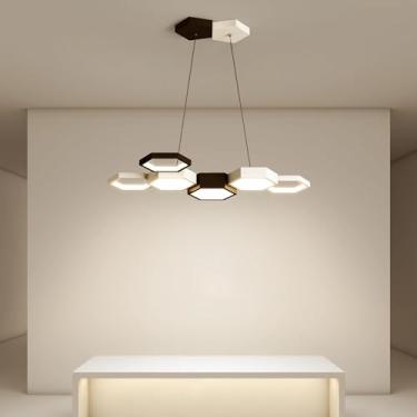 Imagem de Luminária pendente LED para sala de jantar, lustre preto e branco com regulagem de intensidade e controle remoto, design moderno hexagonal para mesa de jantar, sala de estar e escritório, al
