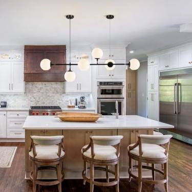 Imagem de Lustre de vidro E27 com 6 lâmpadas, luminária pendente moderna para mesa de jantar, cozinha, escritório ou bar (preto, branco leitoso)