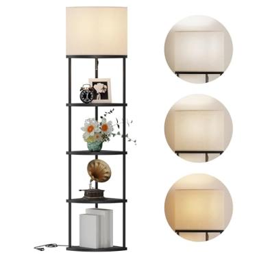 Imagem de Qupui Luminária de chão com prateleiras, luminária moderna de canto de 5 camadas com lâmpada de temperatura de 3 cores, prateleiras organizadoras de decoração de casa para quarto, sala de estar, preta