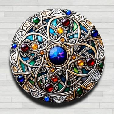 Imagem de Medalhão de nó celta vintage rústico metal redondo placa de parede de pedra preciosa, presentes internos e externos de 20 cm e decoração para casa, escritório, café e fazenda