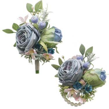Imagem de MAFELOE Conjunto de 2 peças de corpete e flor na lapela, noivos, noivas, damas de honra, casamento, flores artificiais, acessórios para festas de formatura, decoração de terno - azul (W1-22)