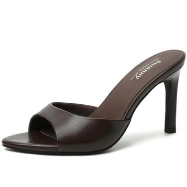 Imagem de Susanny Sandálias femininas de salto alto mule salto alto bico fino sandálias sexy sem cadarço verão casual casamento festa de formatura confortável sapatos elegantes, Marrom café, 37