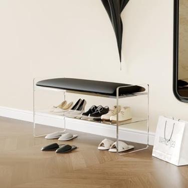 Imagem de Banco de armazenamento de sapatos 2 em 1 moderno com assento acolchoado, gabinete organizador e otomano versátil para entrada, sala de estar, quarto, corredor - transparente, 60 cm/23,6 pol