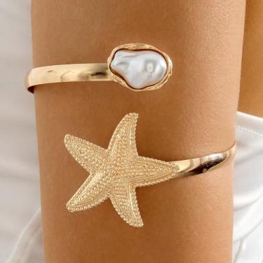 Imagem de Joia feminina estrela do mar pérola punho braço punho ouro declaração praia verão acessório, Medium, Latão, Sem Pedra Preciosa