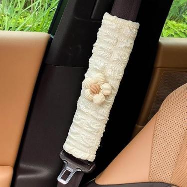 Imagem de Protetor de ombro para cinto de segurança universal Four Seasons para automóvel - Adorável decoração de flores protetor de cinto de segurança antiestrangulamento (flor bege)