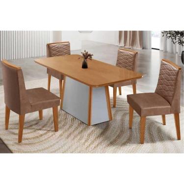 Imagem de Conjunto Sala de Jantar Tilia c/ Tampo Madeirado Canto Curvo 120x80cm e 4 Cadeiras Maldivas Madeira Maciça Naturale/Off White - Capuccino/Corano Capuc