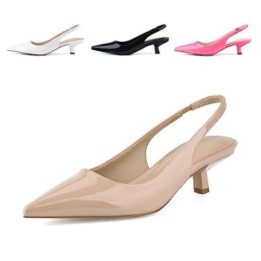 Imagem de JENN ARDOR Sapatos femininos com salto gatinho fechado bico fino elástico slingback sexy salto baixo vestido de convidada de casamento vestido de baile, Nude-PU, 37