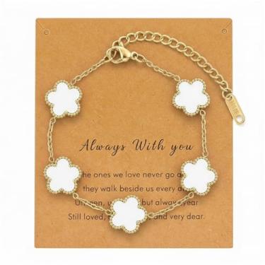 Imagem de Pulseira feminina de trevo de cinco folhas, banhada a ouro 18 quilates, corrente ajustável, joia delicada, presente para aniversário de aniversário, universal size, Latão, Sem Pedra Preciosa