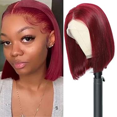 Imagem de Peruca bob reta curta vermelha bordô 33 x 10 x 1 peruca frontal para mulheres negras 99J cabelo humano 20 cm 150% densidade brasileiro virgem bob perucas de cabelo humano fechamento de renda