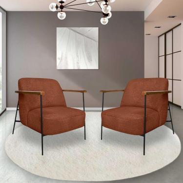 Imagem de Kit 2 Poltronas Sala de Estar Pés em Ferro Preto Braço Madeira Maciça 86cm Thane Bouclê Terracota G63 - Gran Belo