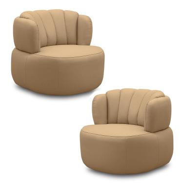 Imagem de Kit 2 Poltronas Decorativas Mariele Sala de Estar Base Giratória em Aço Couro Nude G88 - Gran Belo