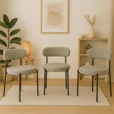 Imagem de Kit 3 Cadeiras de Jantar Linho Cinza Camelia com Encosto Curvo Base Pr