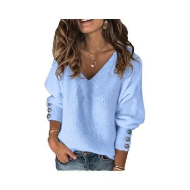 Imagem de Suéter Feminino De Tricô Gola V Outono Inverno, Ajuste Fino, Manga Lon