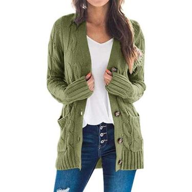 Imagem de Suéter de cardigã feminino PRETTYGARDEN tricotado verde militar