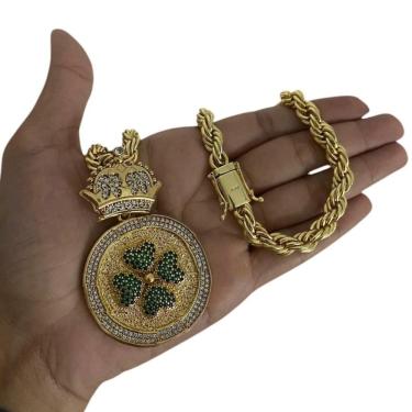 Imagem de Cordão Baiano 8Mm + Pingente Trevo - Banhado A Ouro 18K
