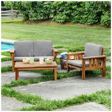 Imagem de Sofá, poltrona e mesa infantil para área externa Martha Stewart Guidecraft Kids Natural em madeira acácia com almofadas