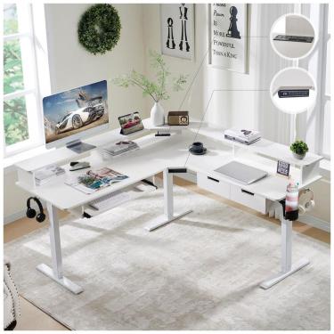 Imagem de Mesa Gamer em L RedLemon 152 cm Ajustável em Altura com Gavetas, Bandeja de Teclado, Tomadas Elétricas e Luzes LED, Prateleira para Monitor