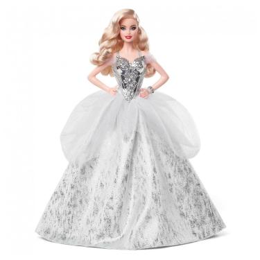 Imagem de Boneca Barbie Signature Holiday 2021 loira com vestido prateado longo e base expositora